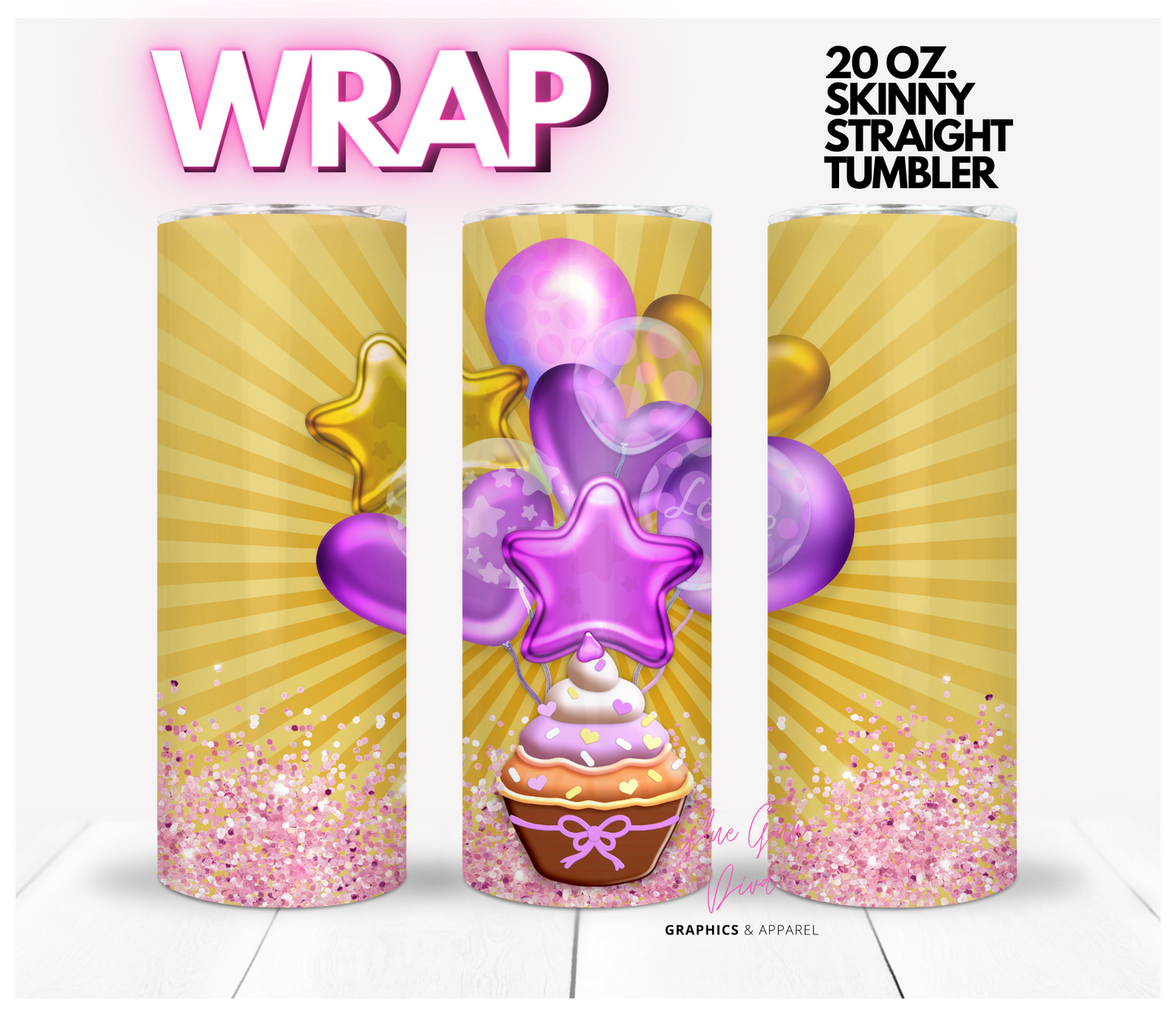 Celebration Balloons Purple Gold - Digital tumbler wrap for 20 oz skinny straight tumbler