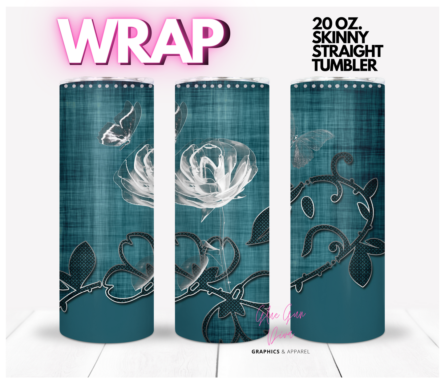 Crystal Rose Teal-  Digital tumbler wrap for 20 oz skinny straight tumbler