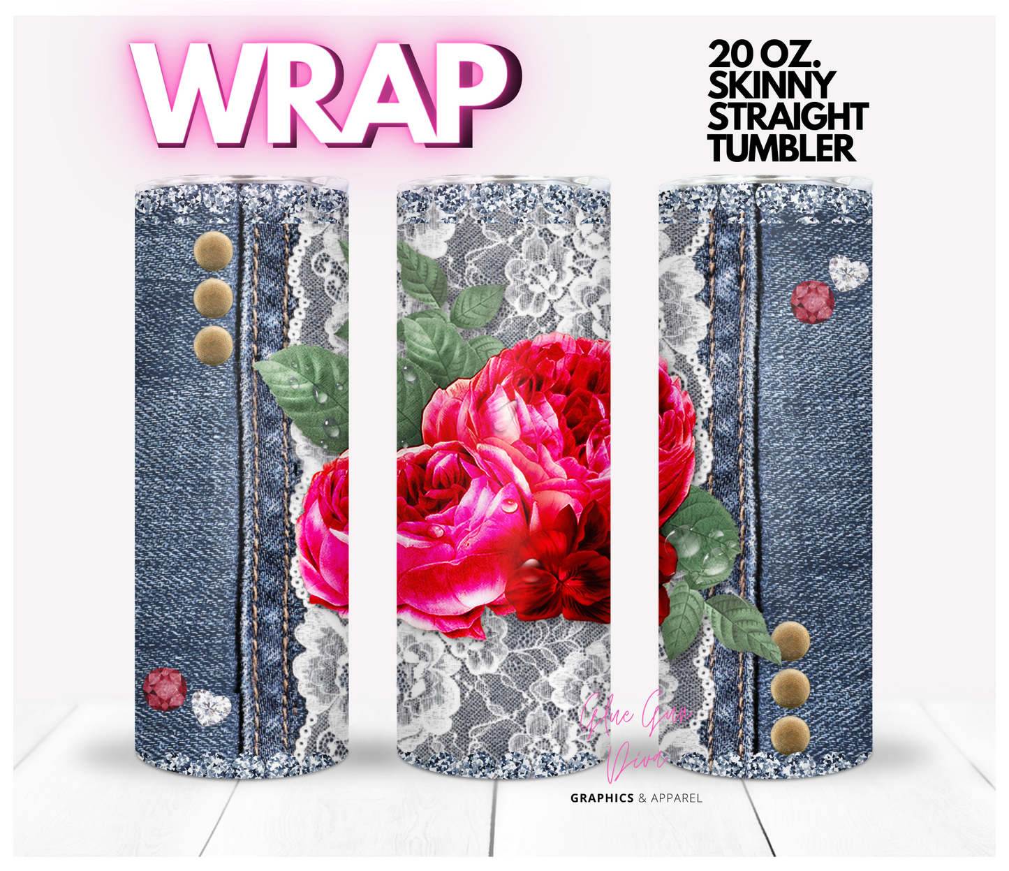 Vintage Flowers Jeans Lace - Digital tumbler wrap for 20 oz skinny straight tumbler