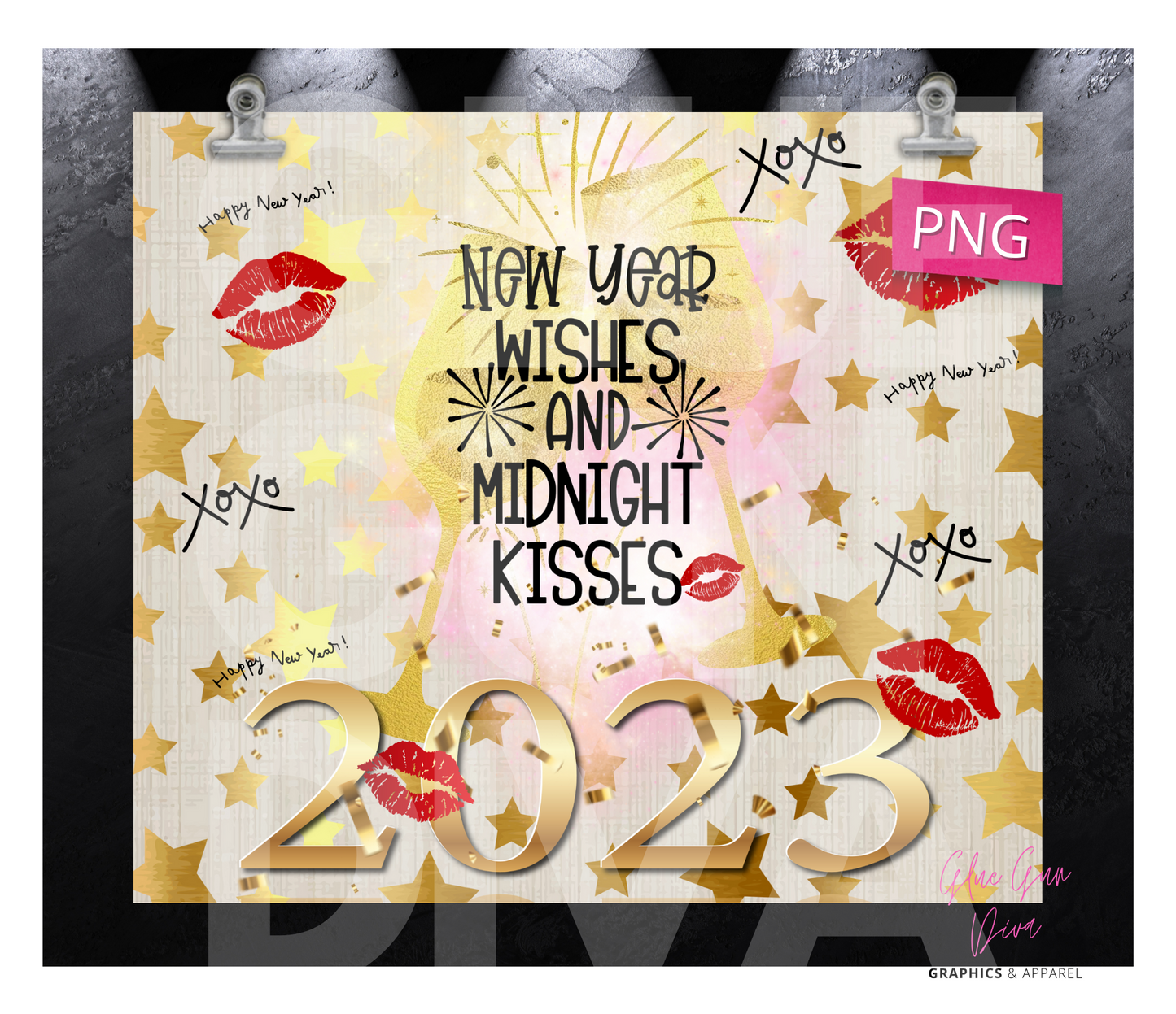 New Year Wishes And Kisses - Digital tumbler wrap for 20 oz skinny straight tumbler