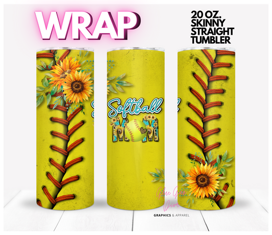 Softball Mom Sunflowers - Digital tumbler wrap for 20 oz skinny straight tumbler