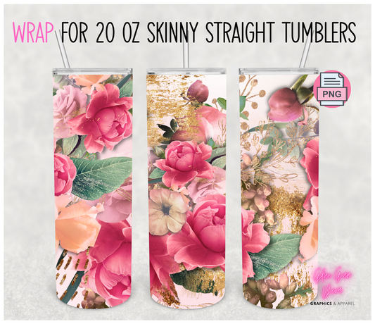 Gold Pink Roses-  Digital tumbler wrap for 20 oz skinny straight tumbler