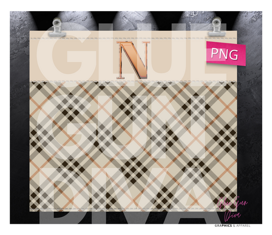 Letter N Plaid Canvas with Initial  -  Digital tumbler wrap for 20 oz skinny straight tumbler