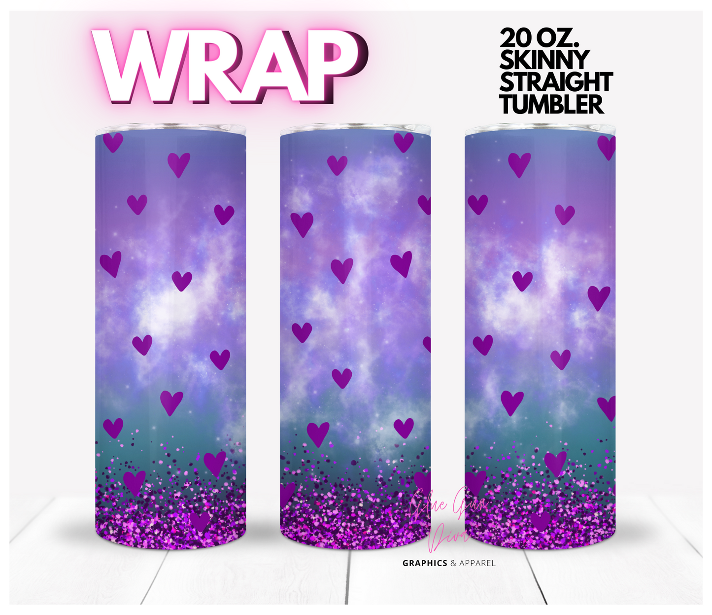 Purple Hearts Rain - Digital tumbler wrap for 20 oz skinny straight tumbler