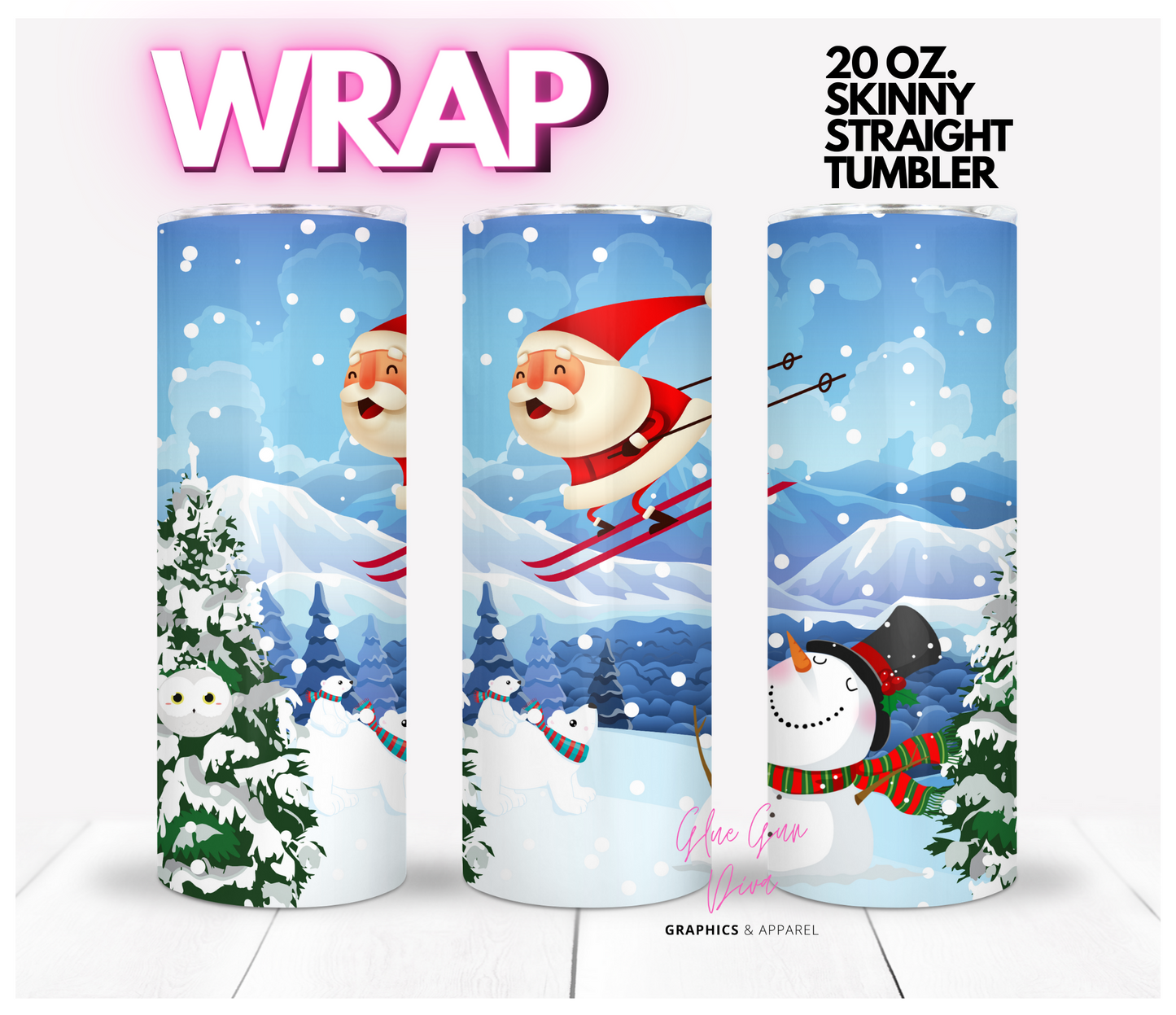 Santa Skiing - Digital tumbler wrap for 20 oz skinny straight tumbler