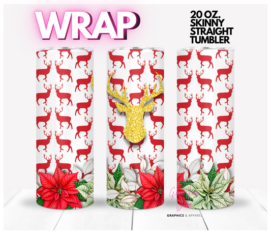 Deer and Poinsettias - Digital tumbler wrap for 20 oz skinny straight tumbler