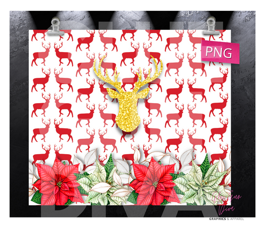 Deer and Poinsettias - Digital tumbler wrap for 20 oz skinny straight tumbler