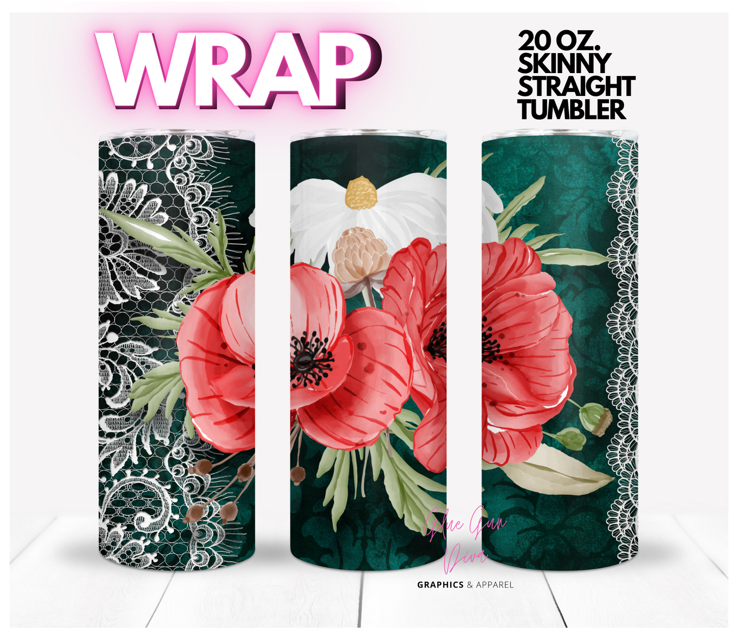 Lace Emerald green and flowers-  Digital tumbler wrap for 20 oz skinny straight tumbler