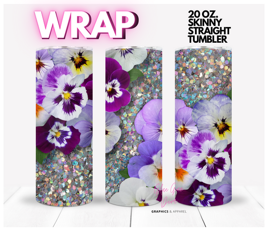 Pansies and Glitter - Digital tumbler wrap for 20 oz skinny straight tumbler