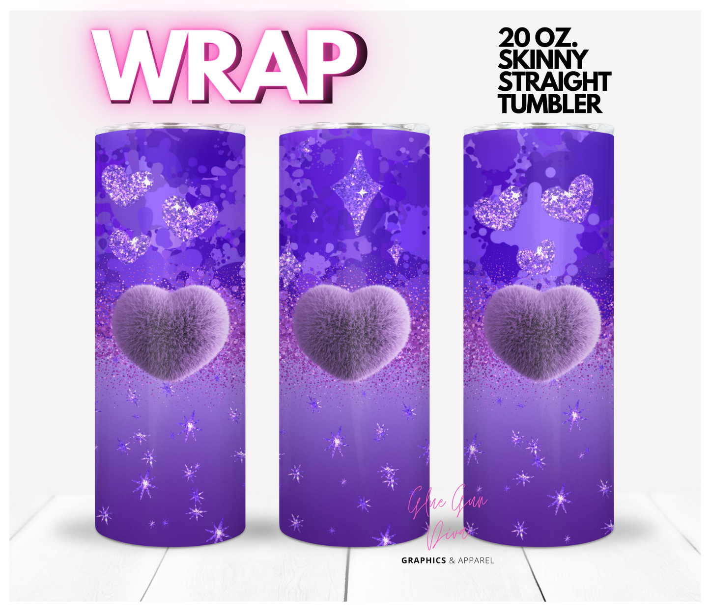 Purple Fuzzy Hearts -  Digital tumbler wrap for 20 oz skinny straight tumbler