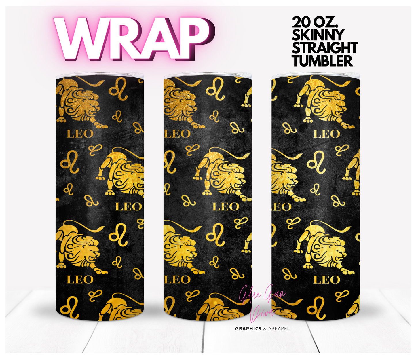 Leo Zodiac Sign Gold and Black-  Digital tumbler wrap for 20 oz skinny straight tumbler