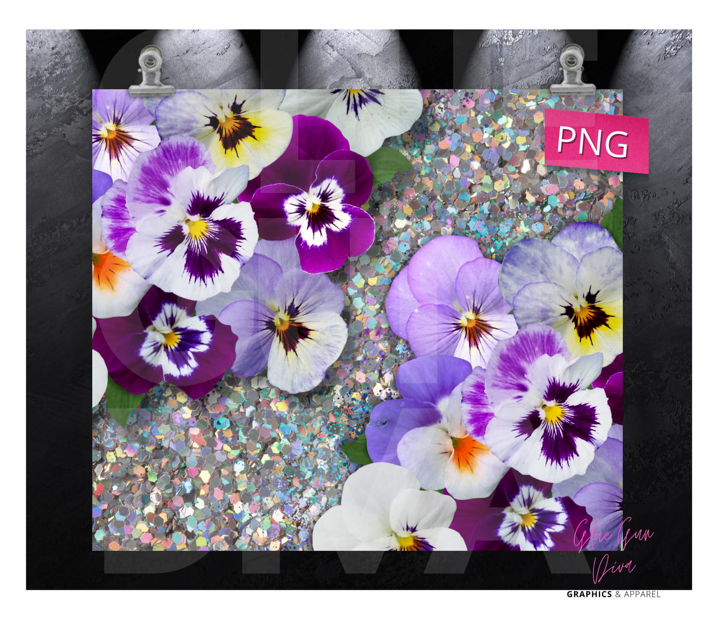 Pansies and Glitter - Digital tumbler wrap for 20 oz skinny straight tumbler