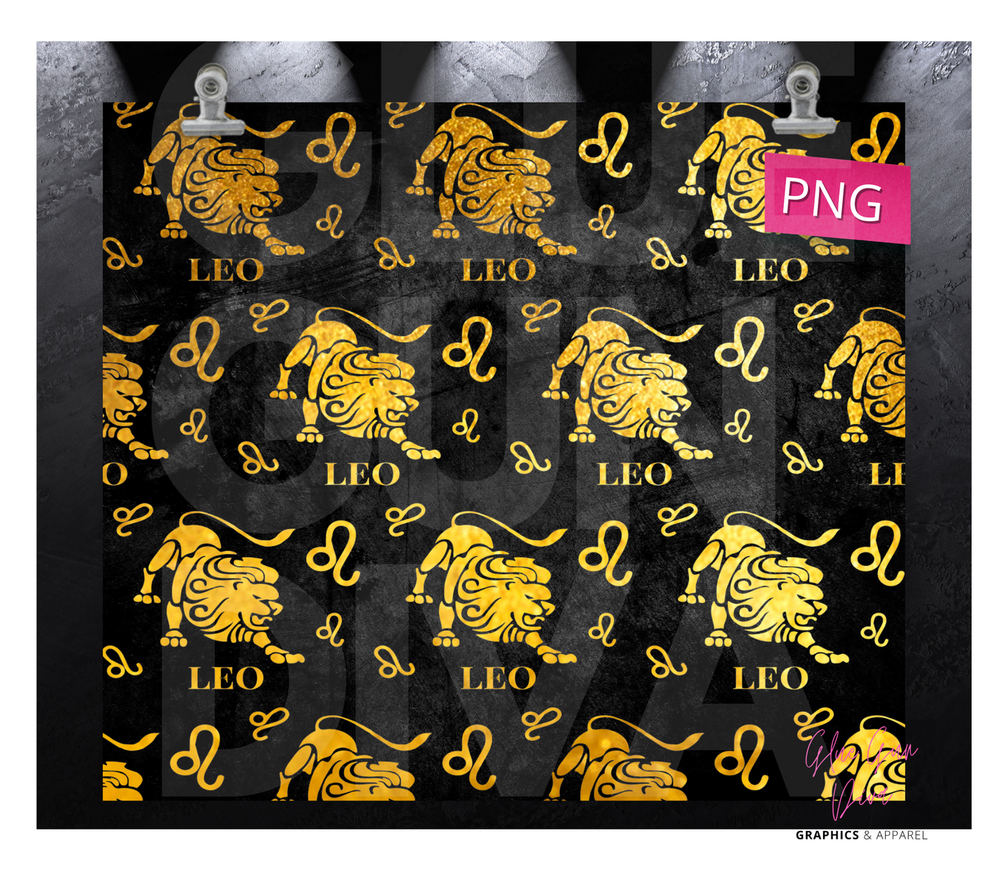 Leo Zodiac Sign Gold and Black-  Digital tumbler wrap for 20 oz skinny straight tumbler