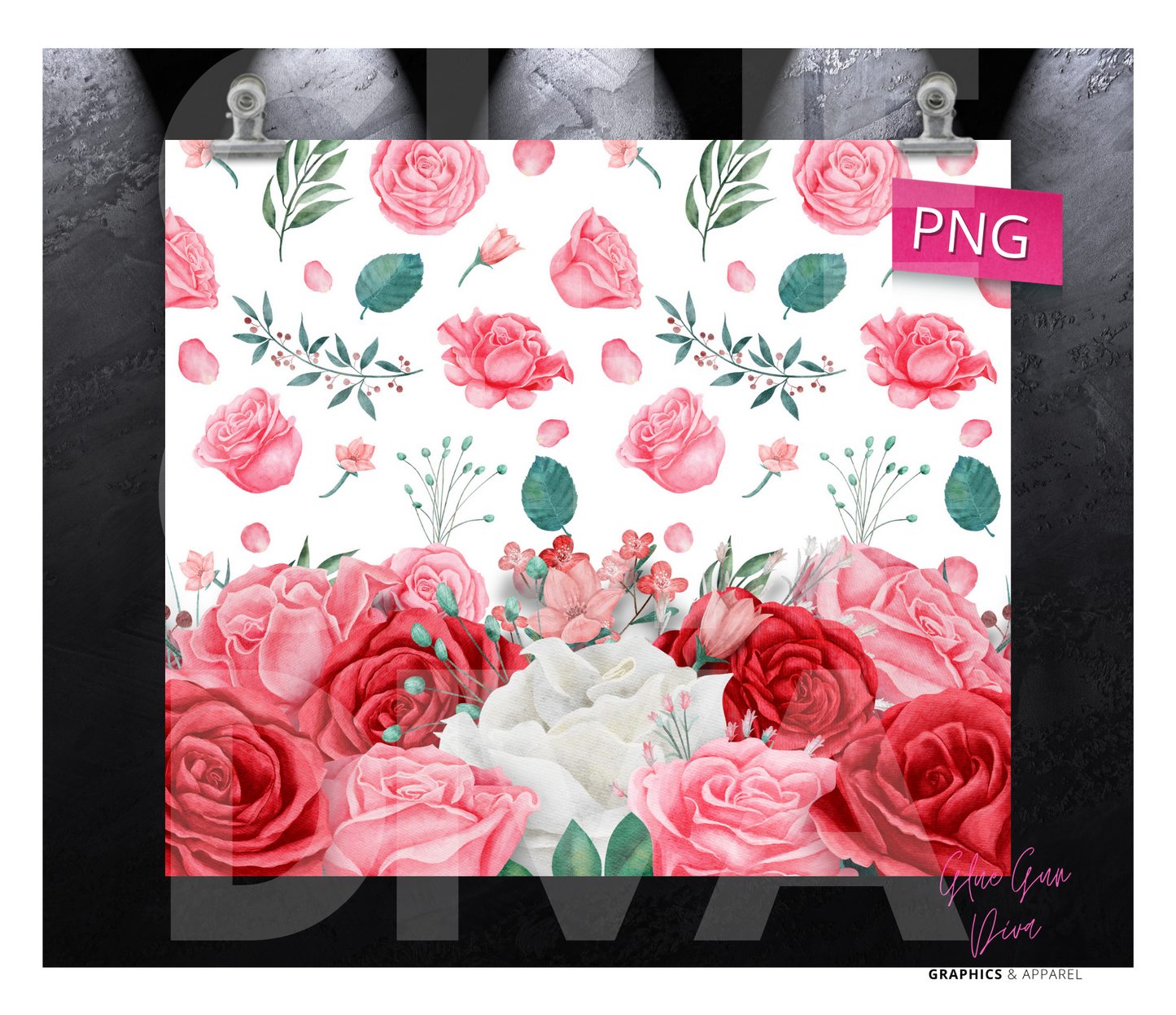 Red and Pink Roses- Digital tumbler wrap for 20 oz skinny straight tumbler