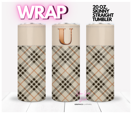 Letter U Plaid Canvas with Initial  -  Digital tumbler wrap for 20 oz skinny straight tumbler