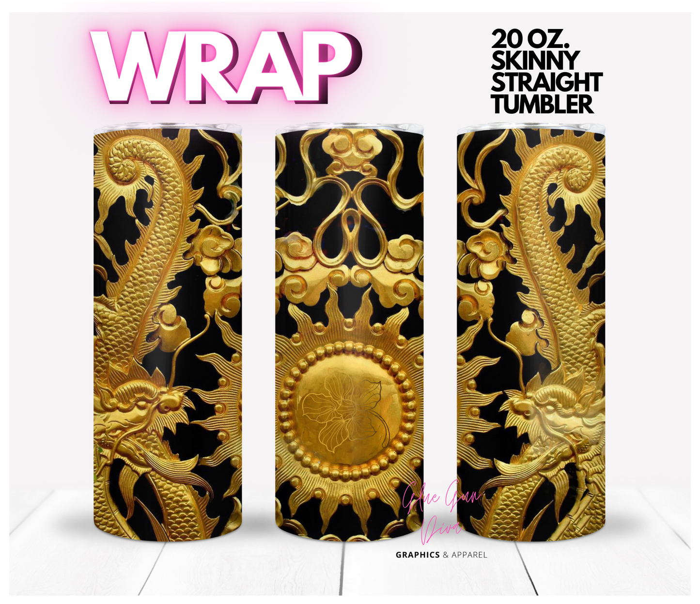 Golden Rose Dragons - Digital tumbler wrap for 20 oz skinny straight tumbler