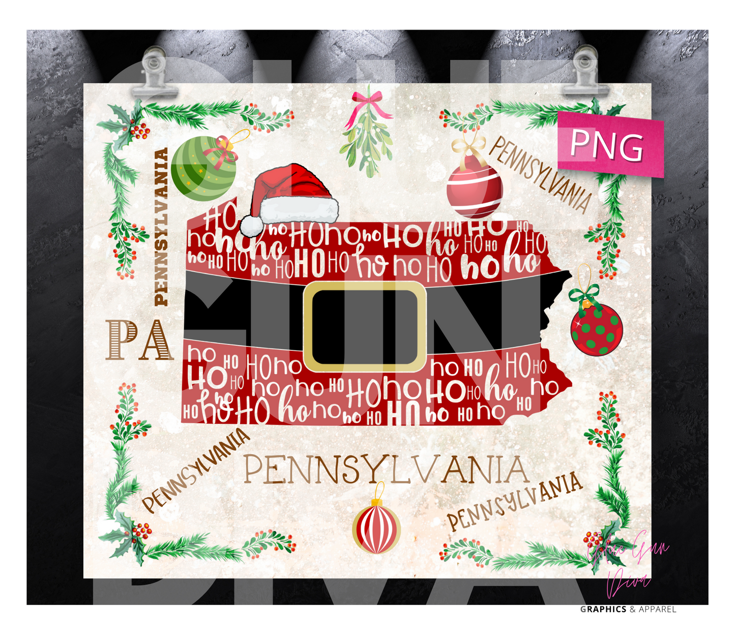 Pennsylvania  HoHoHo - Digital tumbler wrap for 20 oz skinny straight tumbler