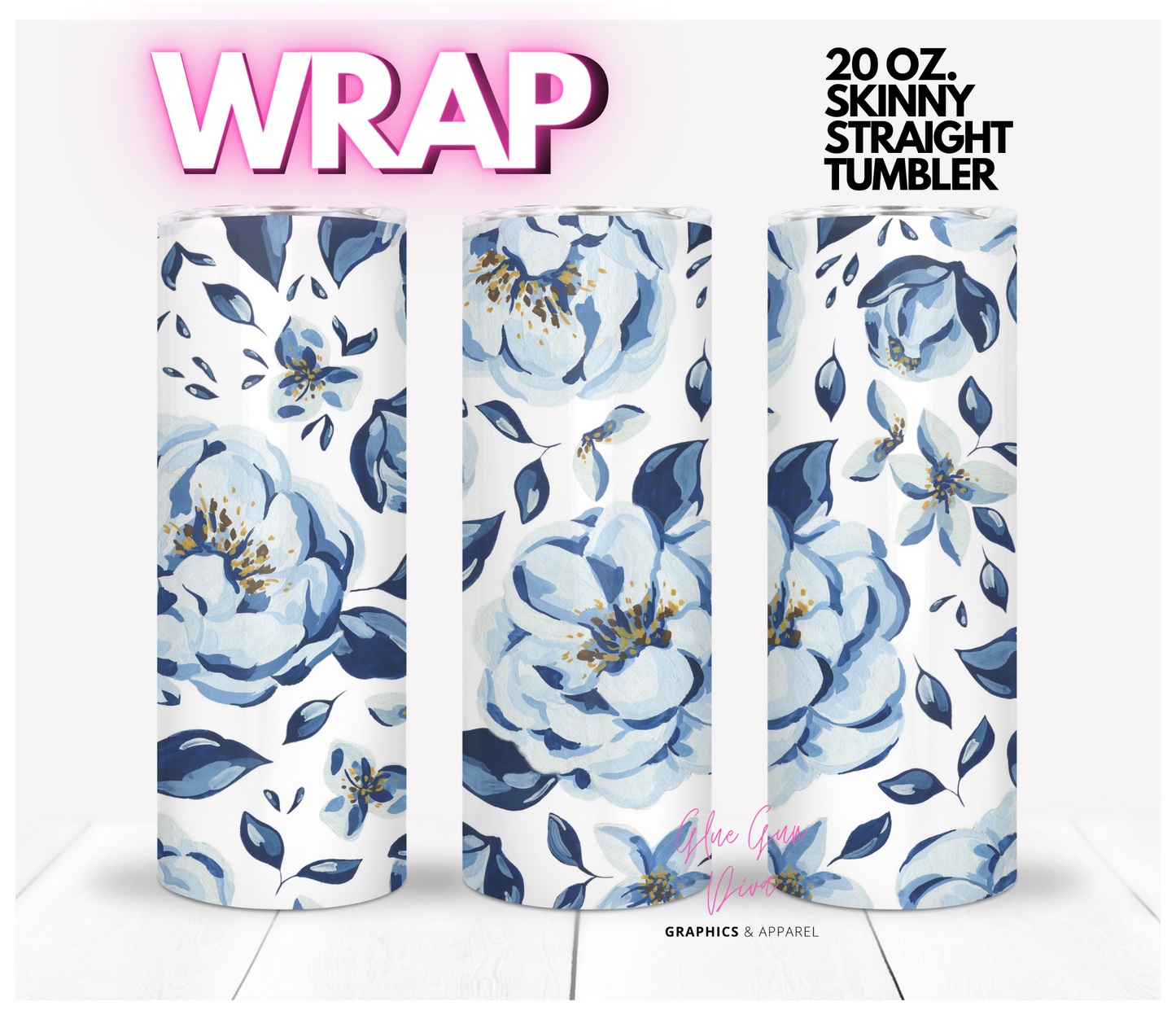 Blue Flowers background -  Digital tumbler wrap for 20 oz skinny straight tumbler