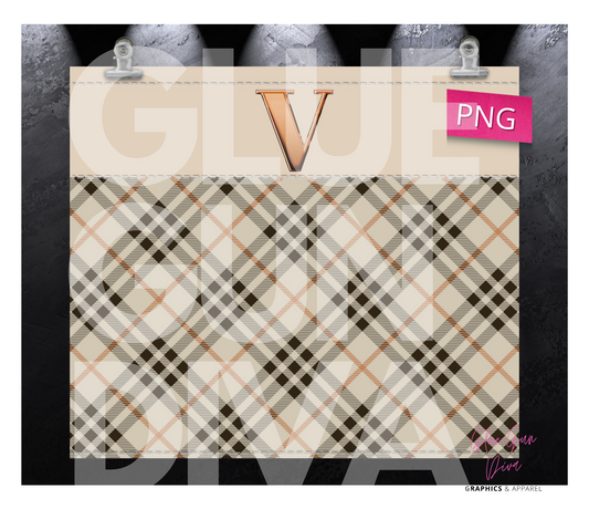 Letter V Plaid Canvas with Initial  -  Digital tumbler wrap for 20 oz skinny straight tumbler