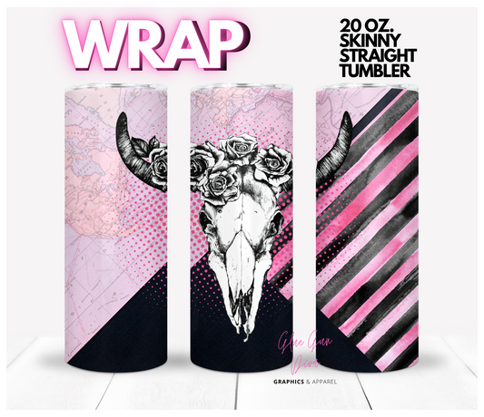 Pink and Cow Skull -  Digital tumbler wrap for 20 oz skinny straight tumbler