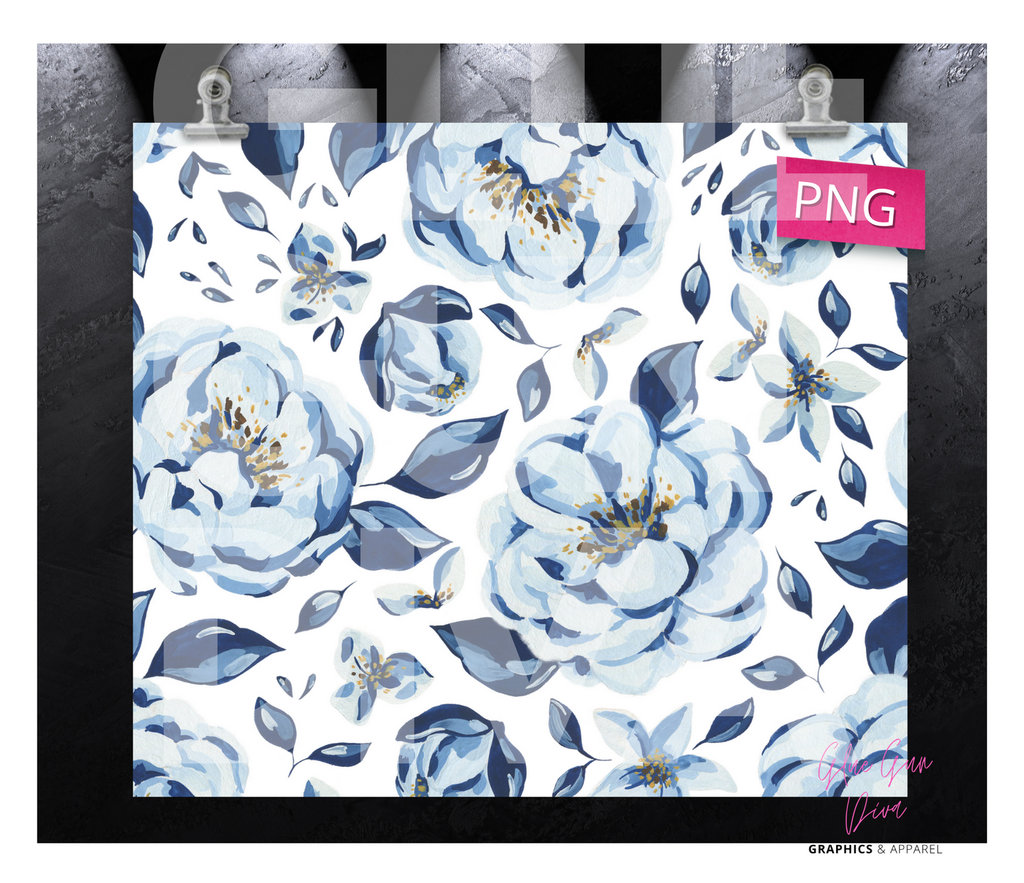 Blue Flowers background -  Digital tumbler wrap for 20 oz skinny straight tumbler