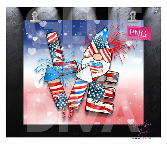 Patriotic Love Gnome- Digital tumbler wrap for 20 oz skinny straight tumbler