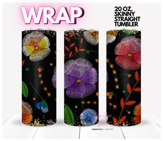 Colorful embroidered flowers - Digital tumbler wrap for 20 oz skinny straight tumbler