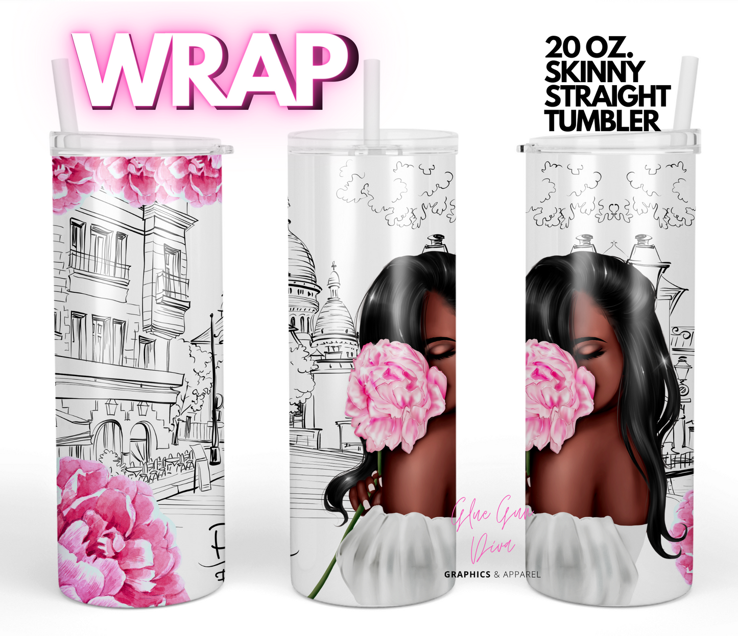 Paris Girl Flower skin tone 2-   Digital tumbler wrap for 20 oz skinny straight tumbler