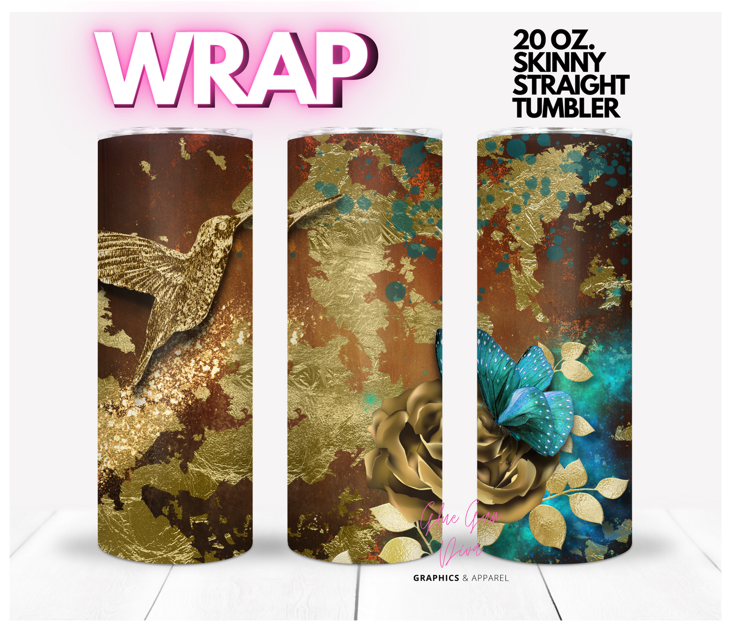 Golden Hummingbird- Digital tumbler wrap for 20 oz skinny straight tumbler