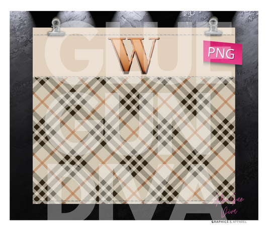 Letter W Plaid Canvas with Initial  -  Digital tumbler wrap for 20 oz skinny straight tumbler