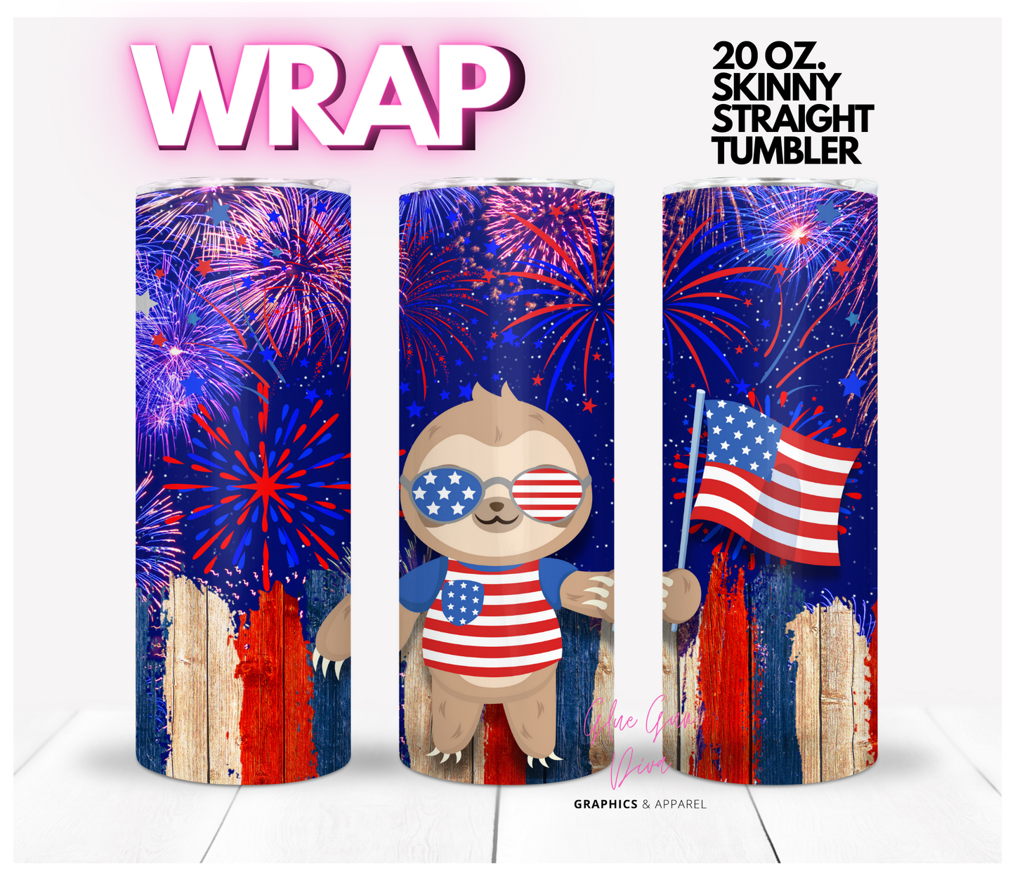 Patriotic Sloth - Digital tumbler wrap for 20 oz skinny straight tumbler