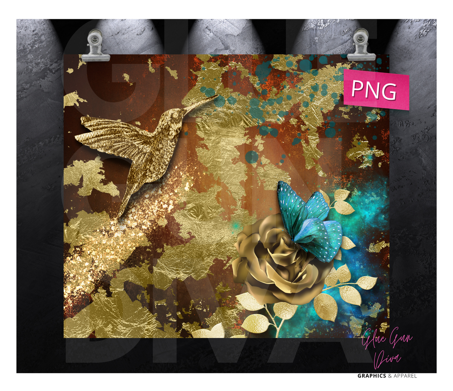 Golden Hummingbird- Digital tumbler wrap for 20 oz skinny straight tumbler