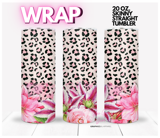 Leopard Pink Flowers- Digital tumbler wrap for 20 oz skinny straight tumbler