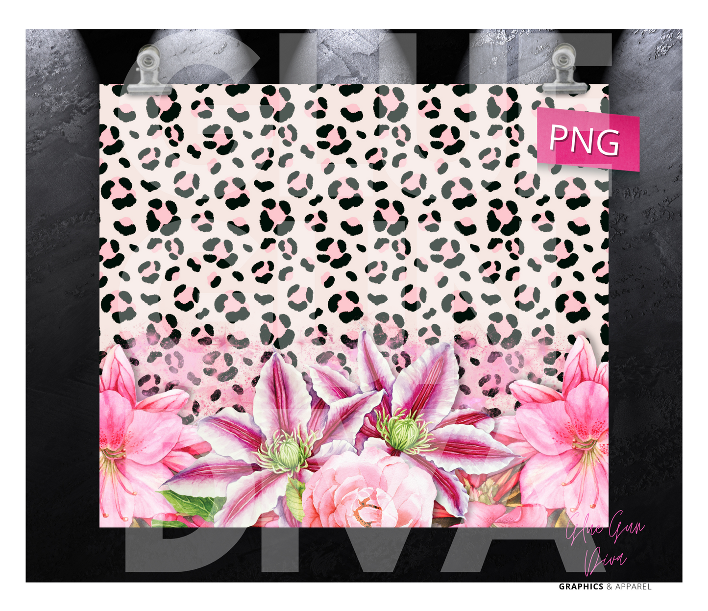 Leopard Pink Flowers- Digital tumbler wrap for 20 oz skinny straight tumbler