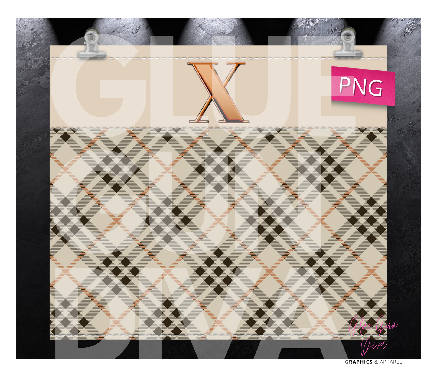 Letter X Plaid Canvas with Initial  -  Digital tumbler wrap for 20 oz skinny straight tumbler