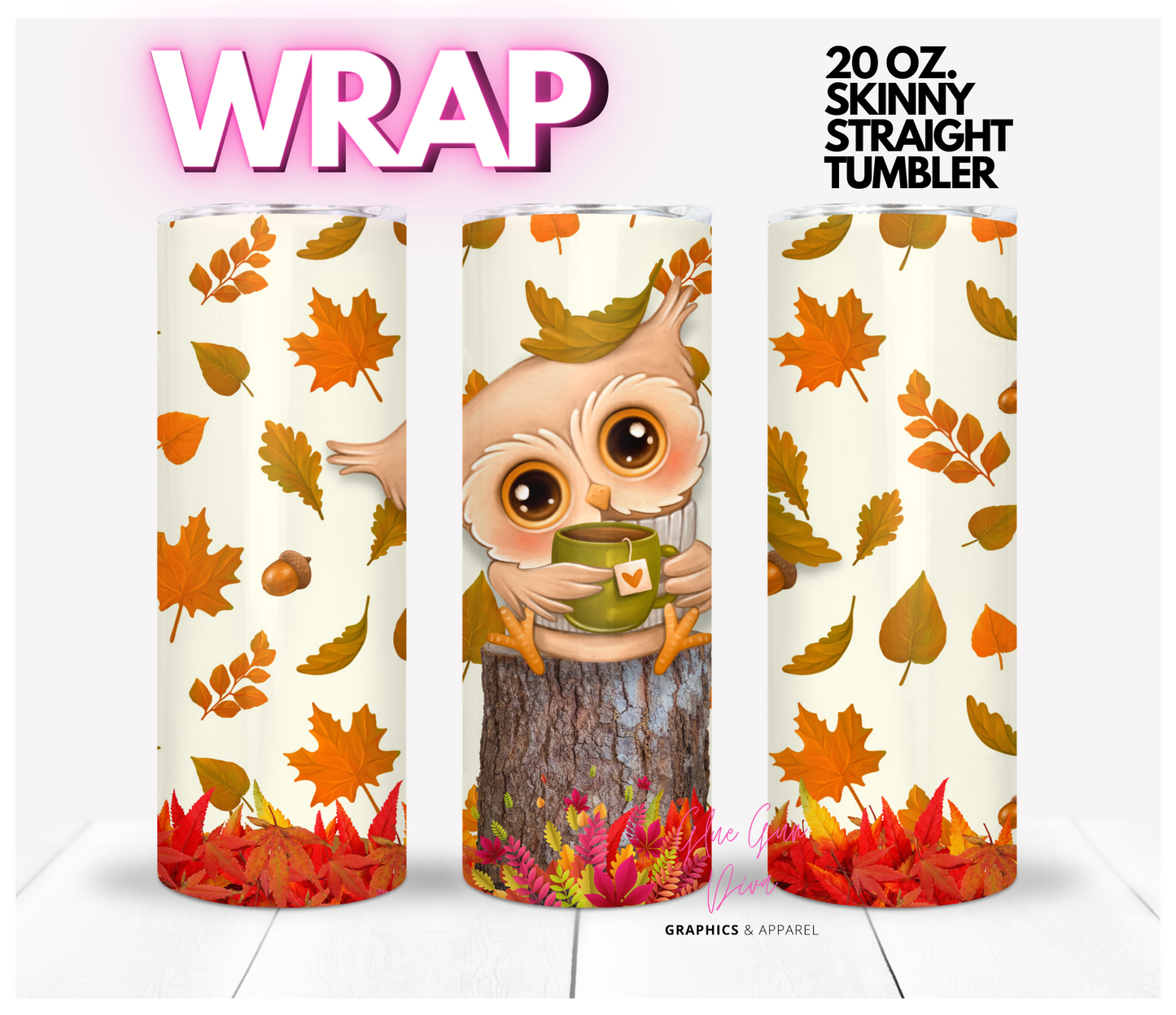 Fall Tea Time Owl - Digital tumbler wrap for 20 oz skinny straight tumbler