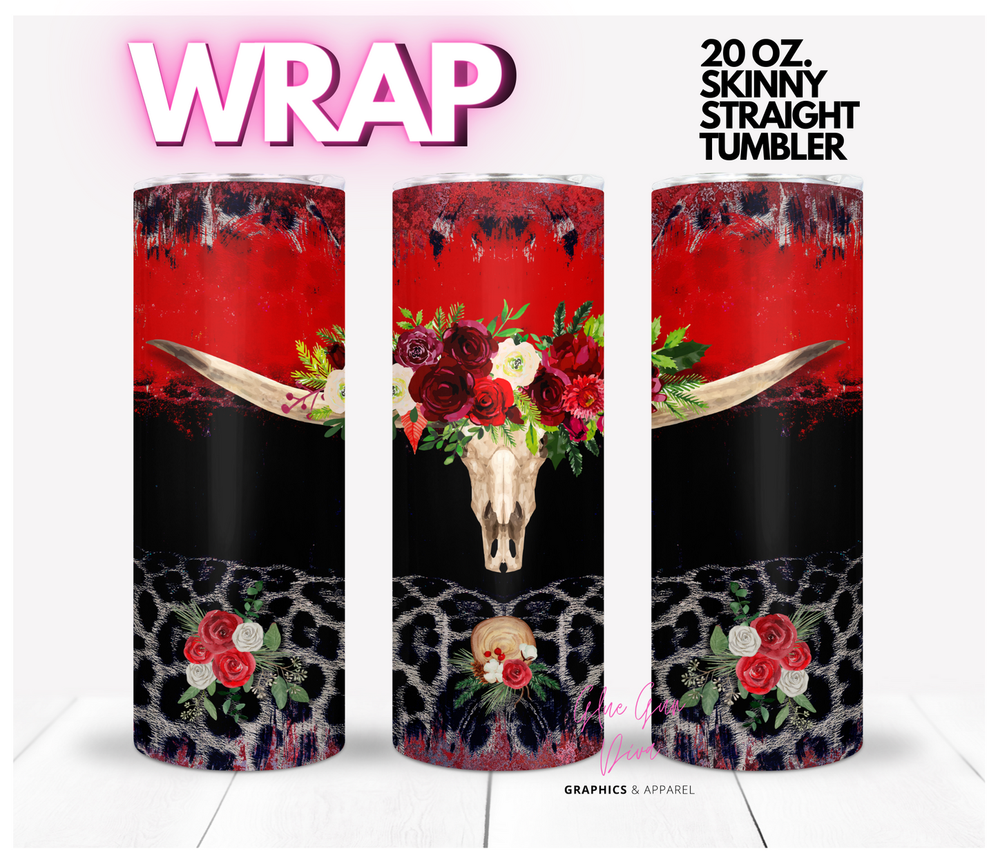 Red Roses Bull Skull - Digital tumbler wrap for 20 oz skinny straight tumbler