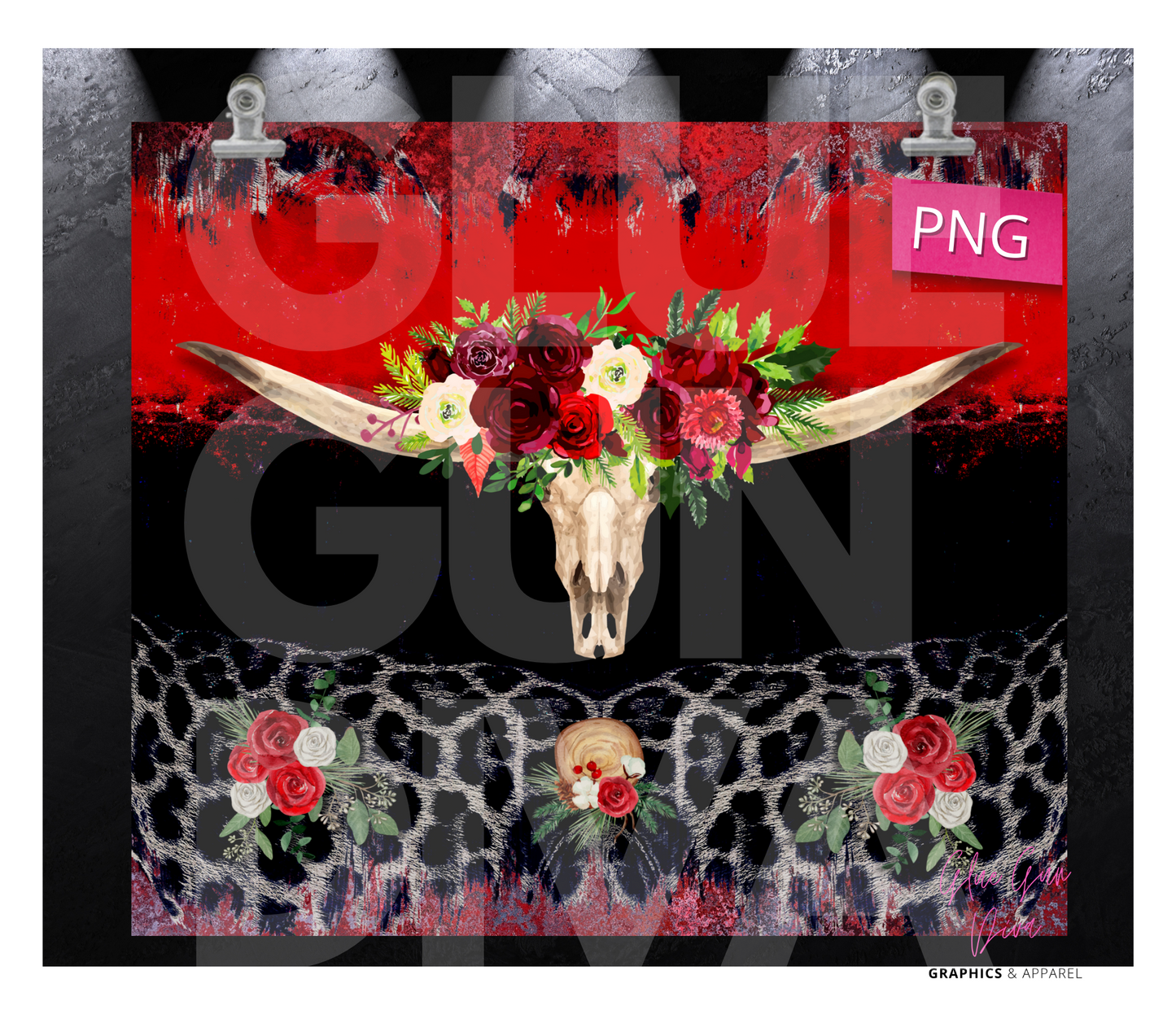 Red Roses Bull Skull - Digital tumbler wrap for 20 oz skinny straight tumbler