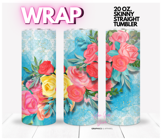 Pink roses and blue background- Digital tumbler wrap for 20 oz skinny straight tumbler