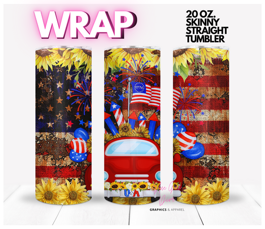 Patriotic Sunflower Truck - Digital tumbler wrap for 20 oz skinny straight tumbler