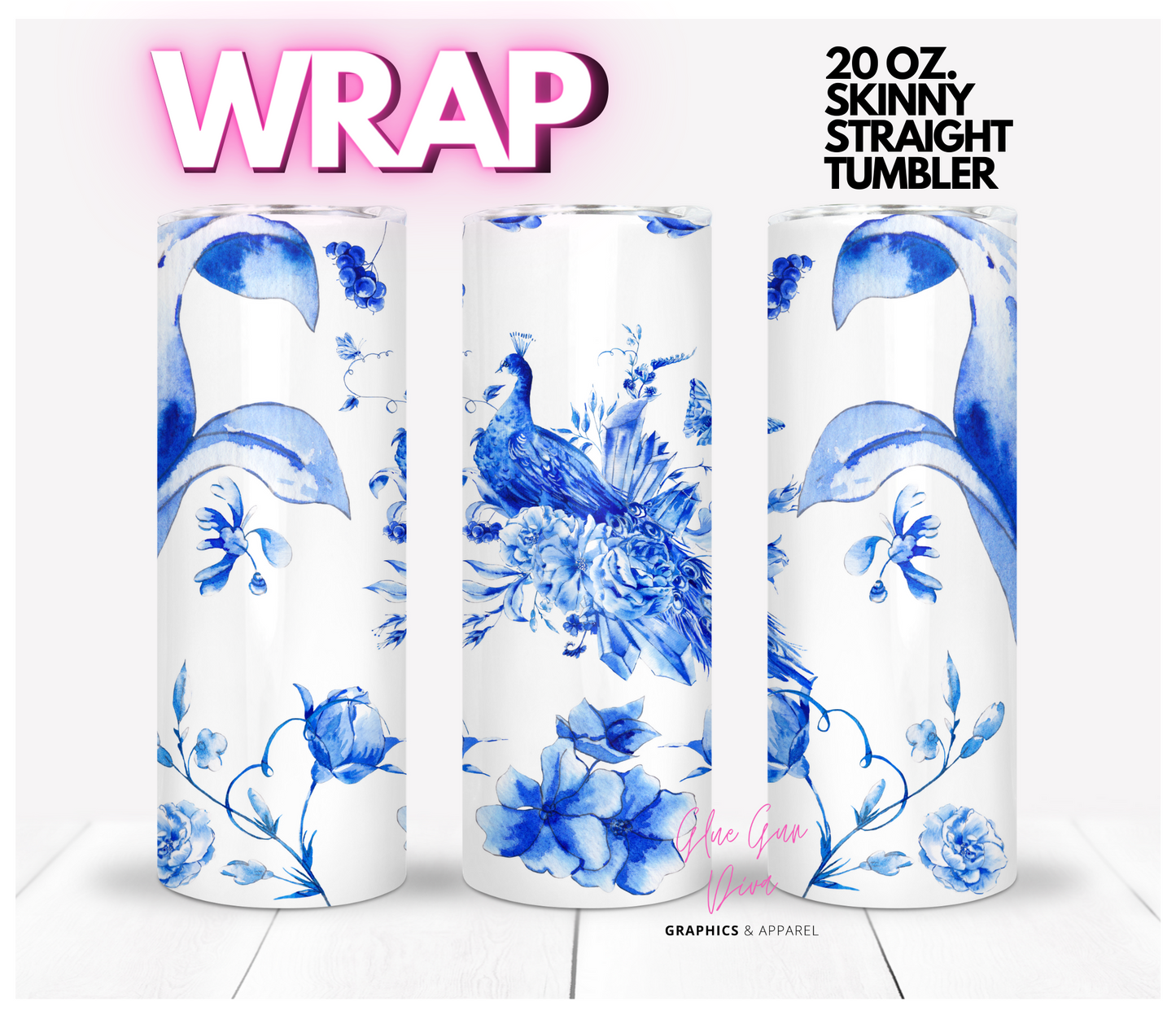 Blue and White Peacock -  Digital tumbler wrap for 20 oz skinny straight tumbler