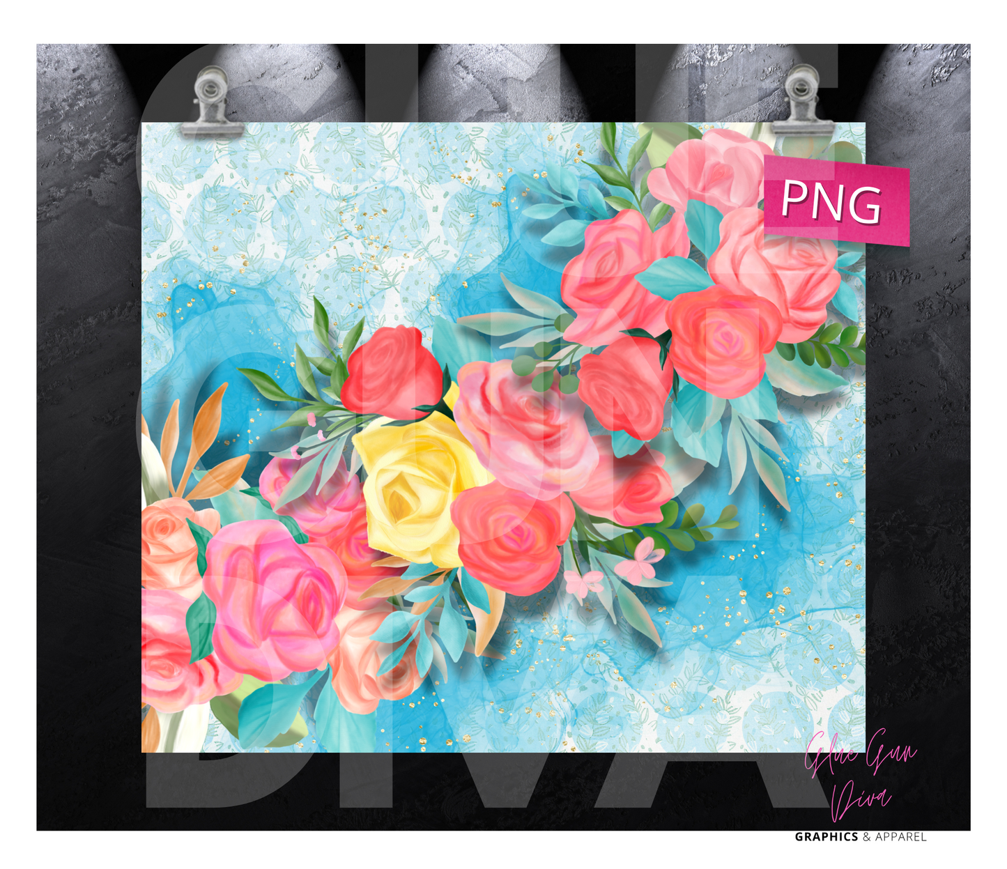 Pink roses and blue background- Digital tumbler wrap for 20 oz skinny straight tumbler