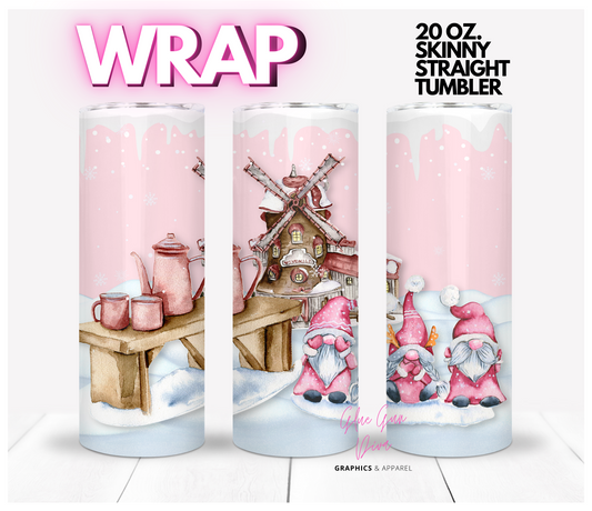 Pink Gnome Winter Mill - Digital tumbler wrap for 20 oz skinny straight tumbler