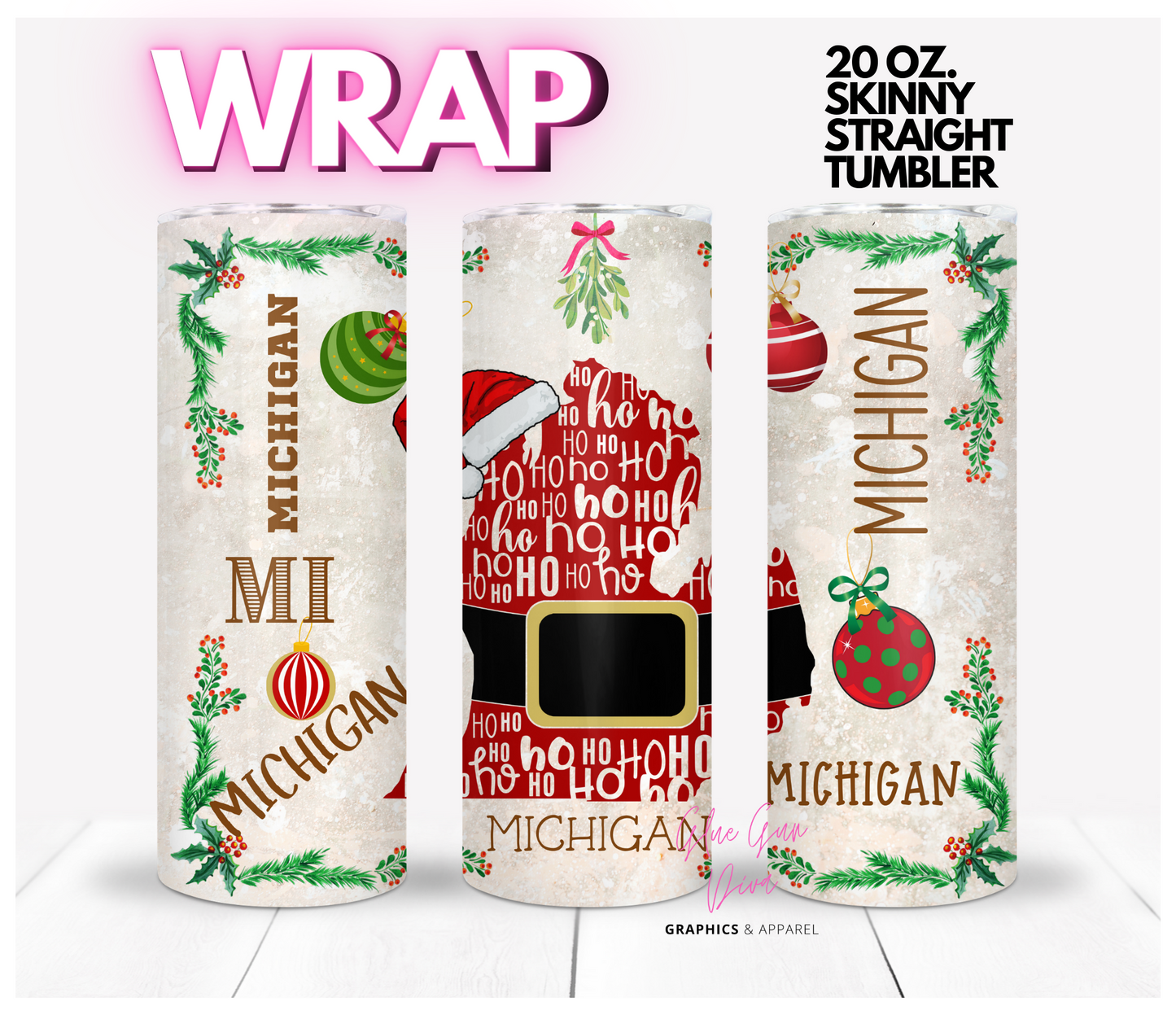 Michigan HoHoHo - Digital tumbler wrap for 20 oz skinny straight tumbler