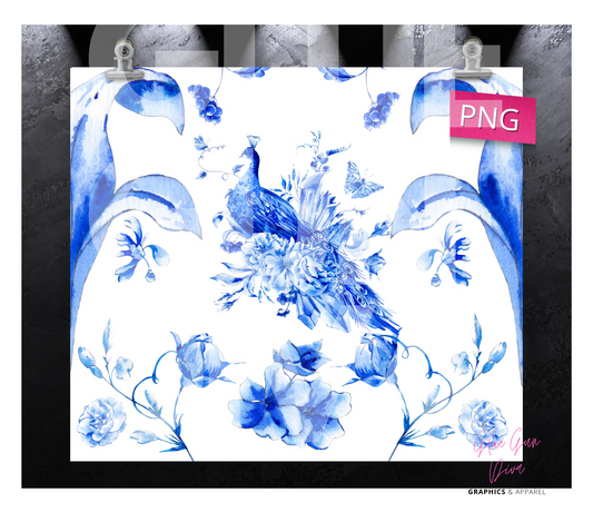 Blue and White Peacock -  Digital tumbler wrap for 20 oz skinny straight tumbler