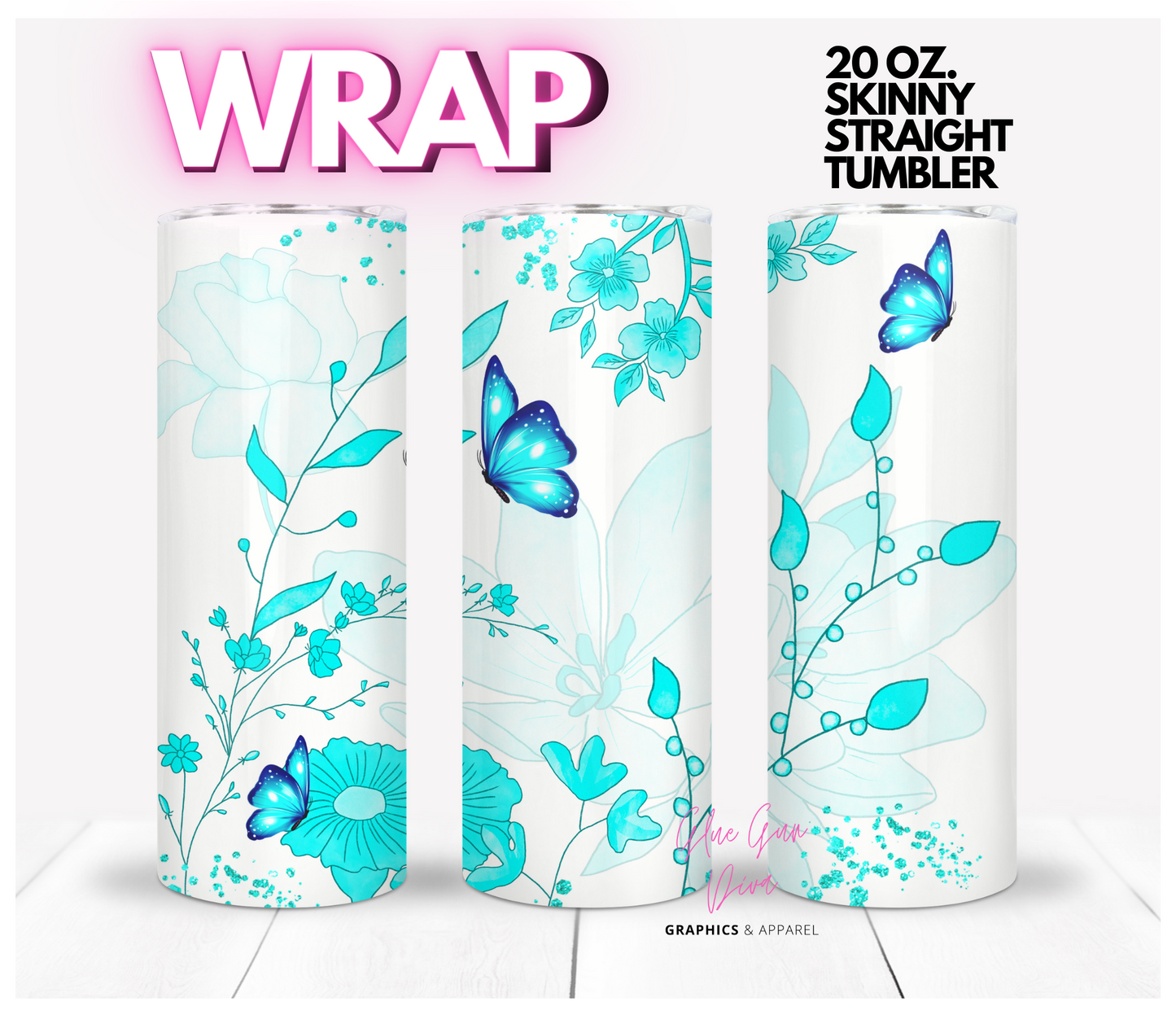 Bright Teal Floral - Digital tumbler wrap for 20 oz skinny straight tumbler