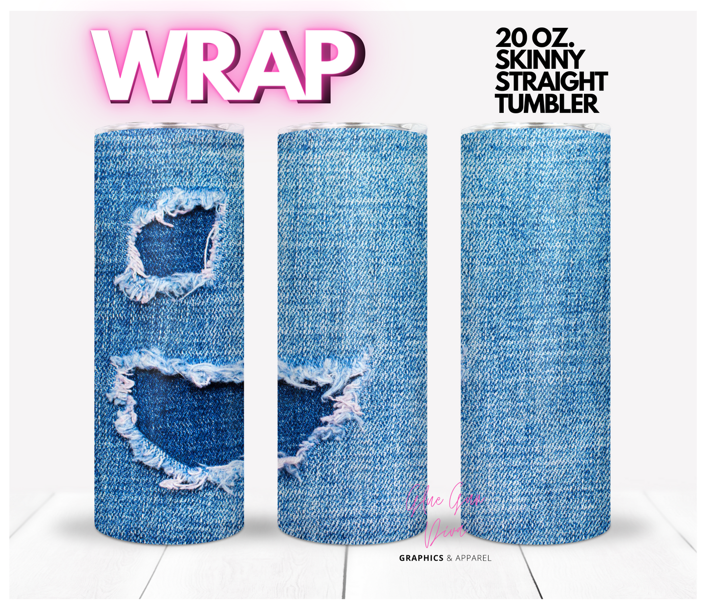 Distressed Ripped Denim Background -  Digital tumbler wrap for 20 oz skinny straight tumbler