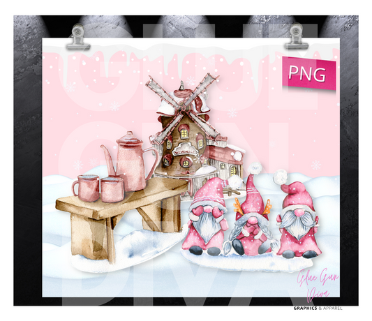 Pink Gnome Winter Mill - Digital tumbler wrap for 20 oz skinny straight tumbler