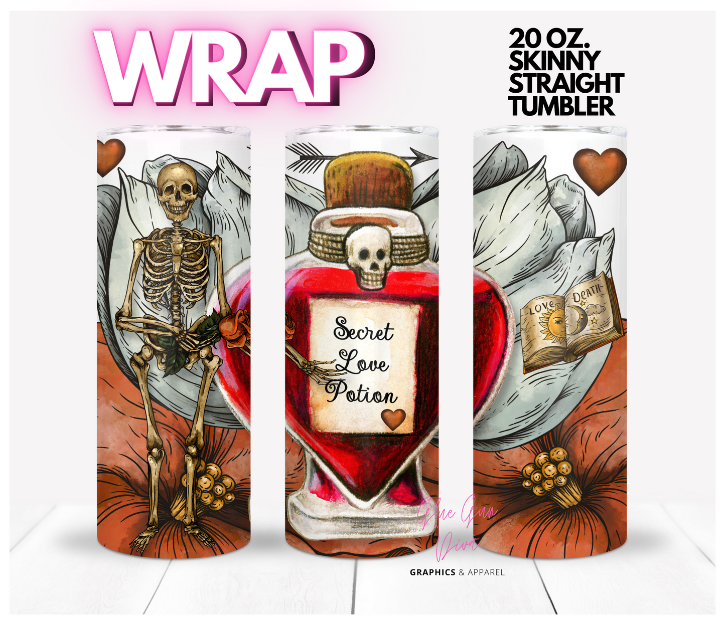 Secret Love Potion Skeleton - Digital tumbler wrap for 20 oz skinny straight tumbler