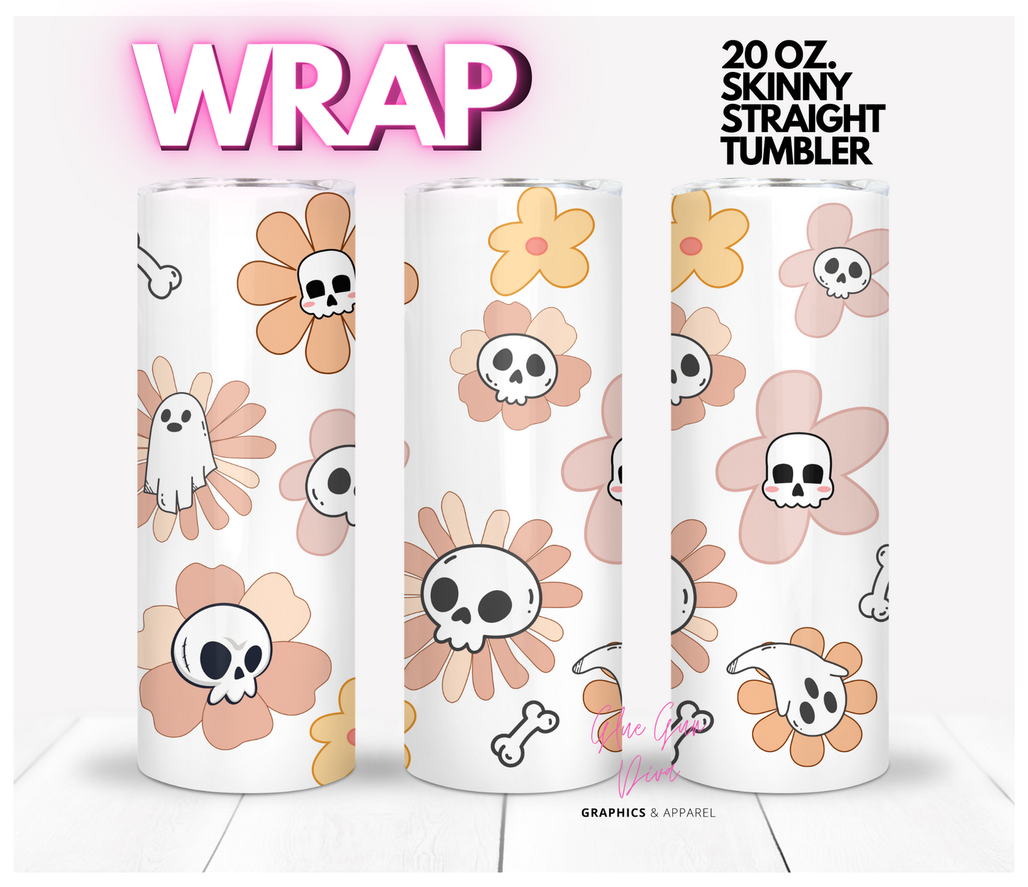 Retro Flowers and Skulls -  Digital tumbler wrap for 20 oz skinny straight tumbler